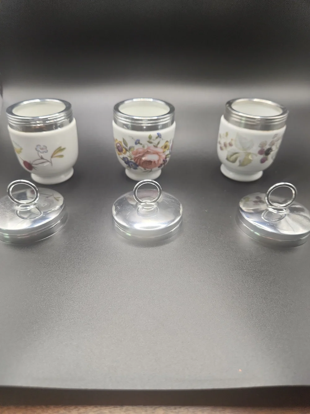 Royal WorcesterPorcelain Egg Coddlers Silver Lids - Floral & Butterfly Set